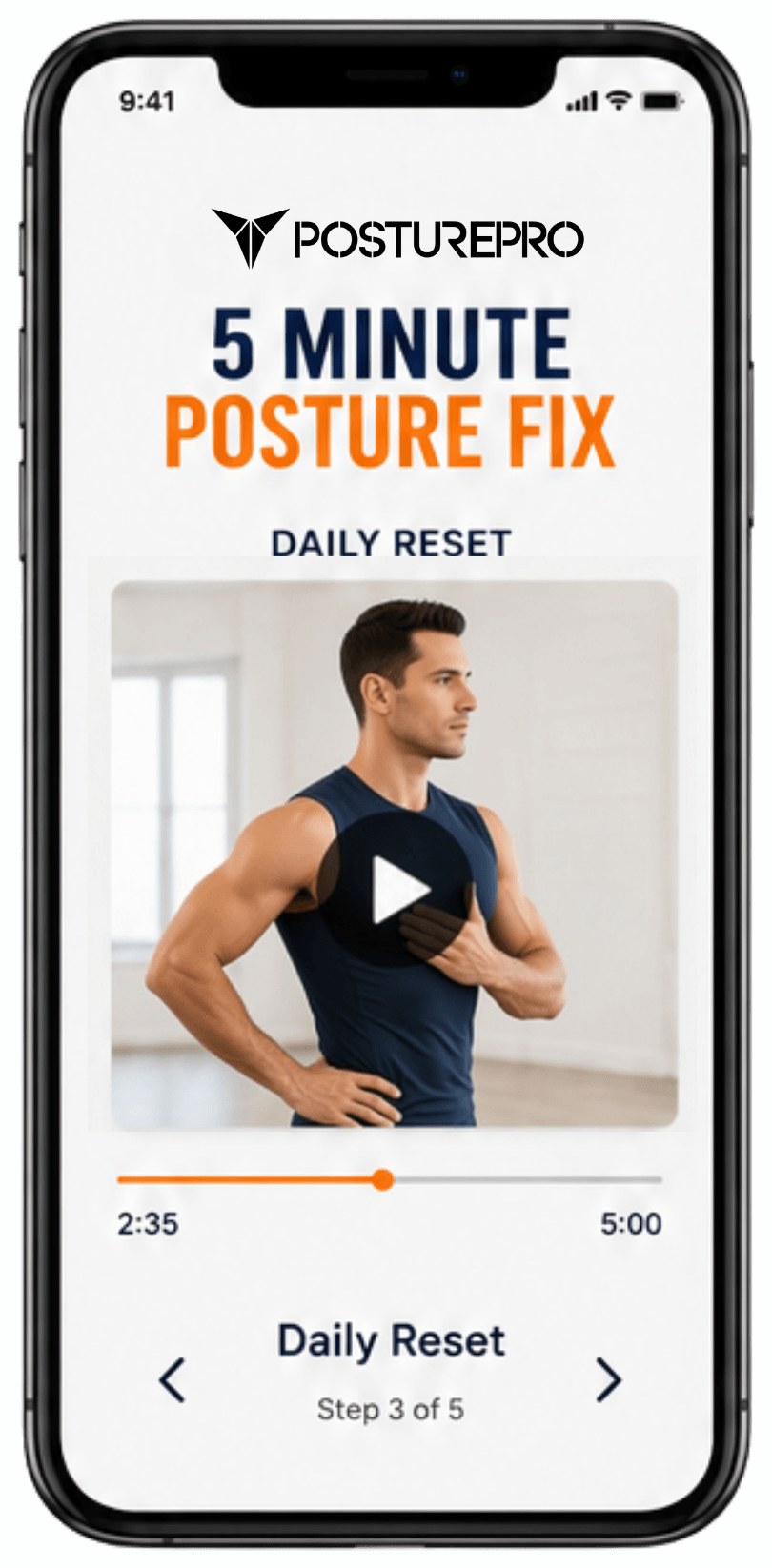 The 5 Minute Posture Fix daily reset video playing on a phone