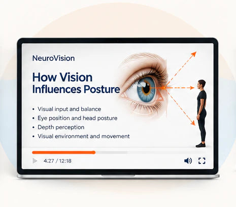 A laptop showing a lesson slide titled How Vision Influences Posture