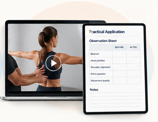 A laptop playing a posture demonstration video beside a tablet showing a before and after observation sheet