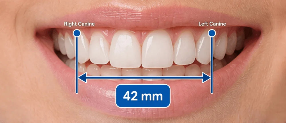 A smile measured between the canine teeth, reading 42 millimetres