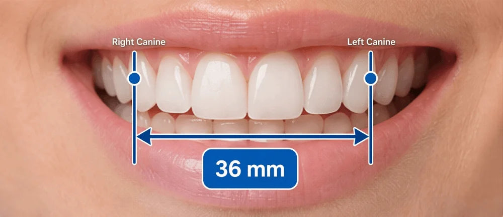 A smile measured between the canine teeth, reading 36 millimetres