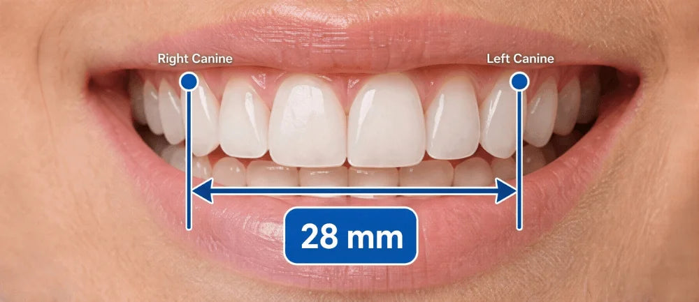 A smile measured between the canine teeth, reading 28 millimetres