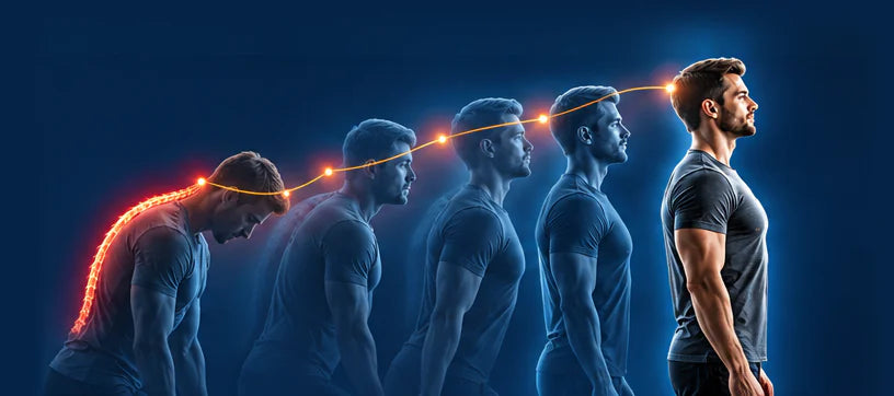A man in five stages, from slumped forward with his spine glowing red to standing tall