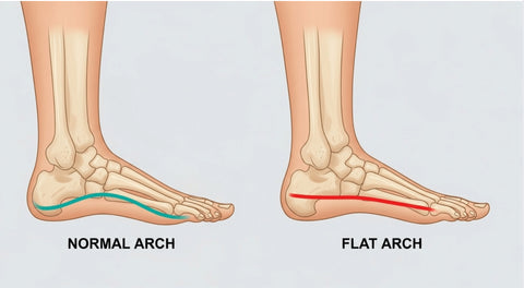 Flat feet vs normal arch anatomy diagram showing fallen arches condition