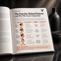 Jaw and body  "The Four Jaw-Related Patterns (and Why They Keep Coming Back)" with diagrams, text, and small photos of head and neck positions, photographed on a dark reflective surface.