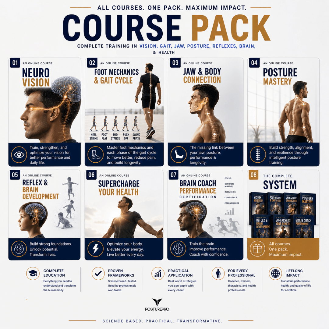 Course pack for complete training in vision, gait, jaw, posture, reflexes, brain, and health 