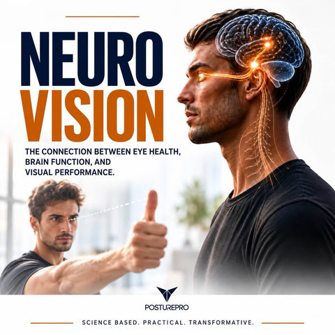 Posturepro NeuroVision neuro vision training course showing the vision-brain connection and a thumb tracking test for posture