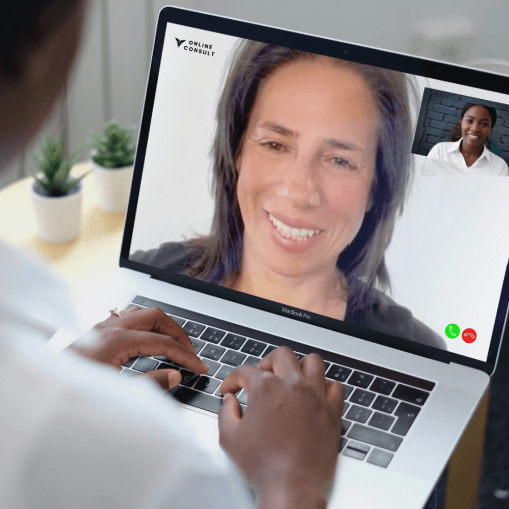 Annette Verpillot on a laptop video call during an online posture assessment