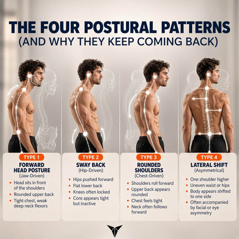 An infographic four male model back views labeled Type 1 to Type 4 with text describing forward head posture, sway back, rounded shoulders, and lateral shift postures.