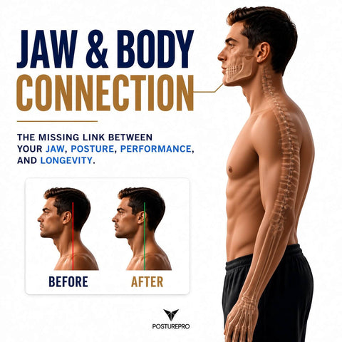 Posturepro Jaw and Body Connection online posture course, showing forward head posture before and aligned posture after