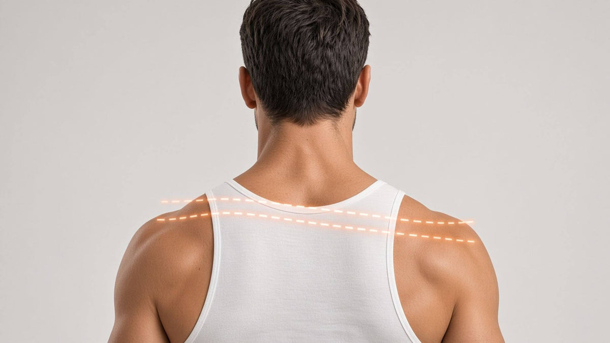 Back view of a man in a white tank top, with dashed lines sloping across his uneven shoulders