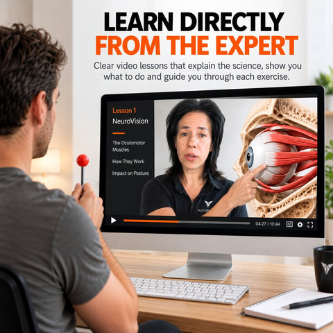 Posturepro NeuroVision online video lessons, a student following a neurovision training lesson on vision and posture at home