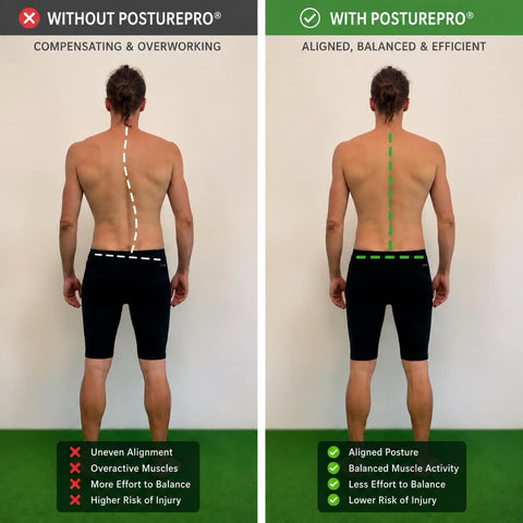 Side-by-side comparison of a man's back before and after with fix my posture bundle.  