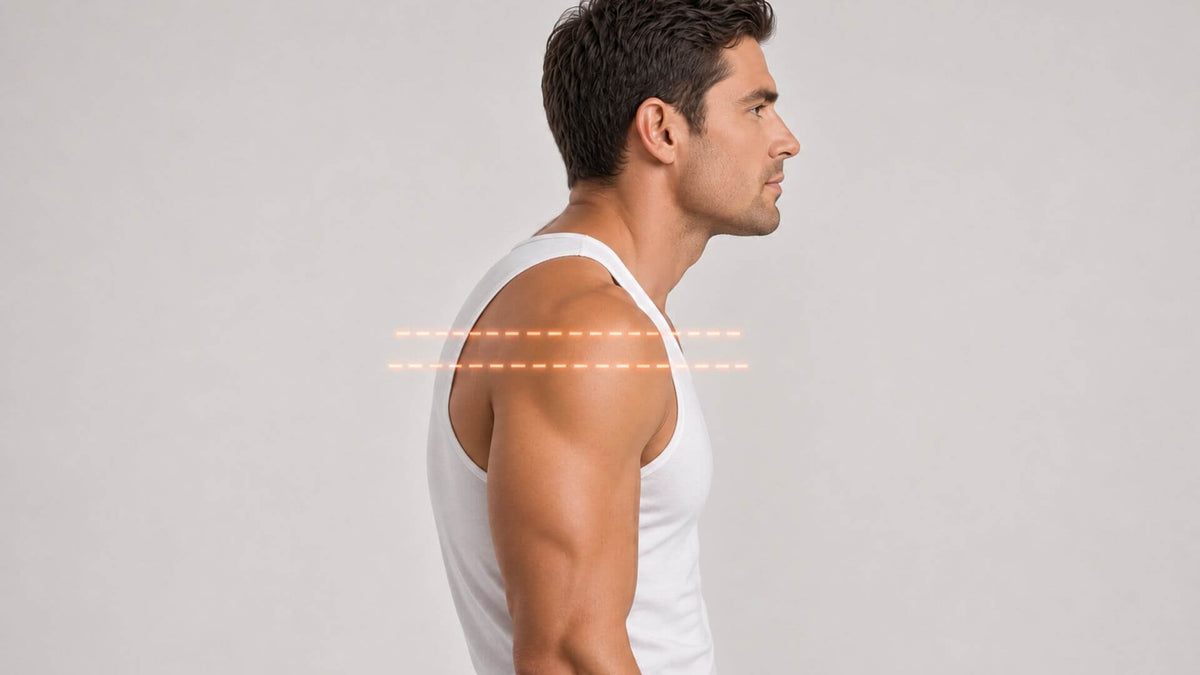 Side view of a man in a white tank top, with two dashed orange lines drawn across his shoulder