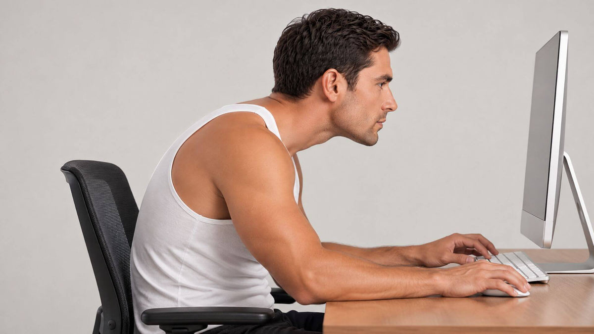 Man with hunched shoulders at a desk, leaning his head toward a desktop computer while using the keyboard and mouse