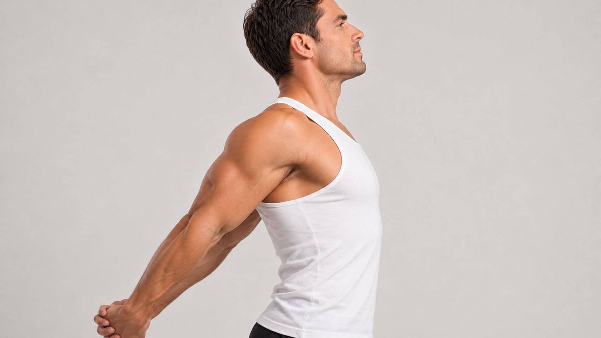 Man standing in profile with his hands clasped behind his back, arms extended and chest lifted in a stretch