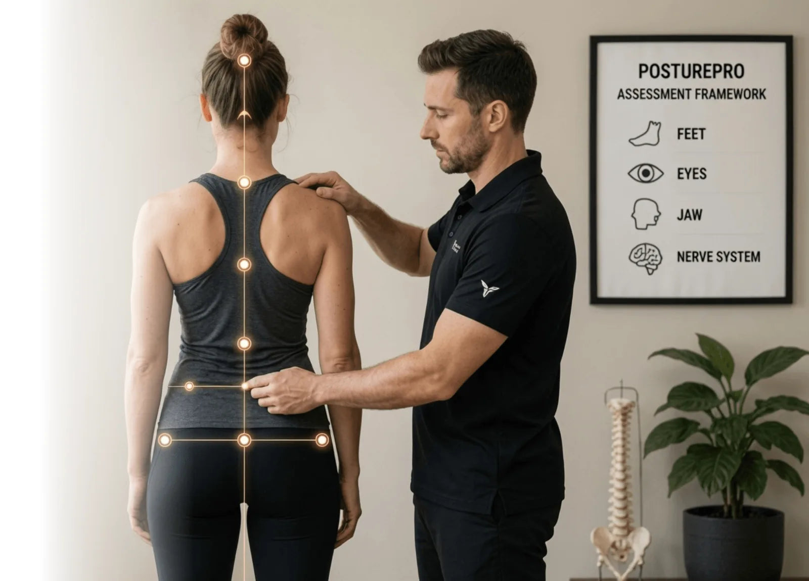 Practitioner assessing a client's posture alignment in a clinic