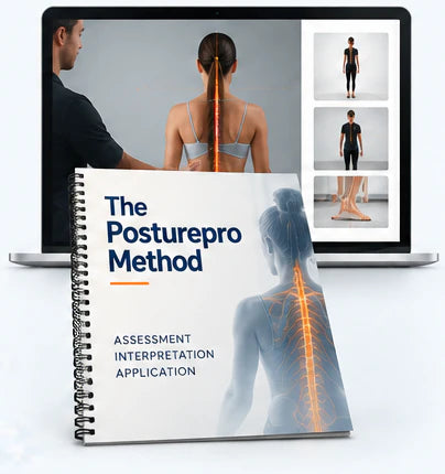 A laptop showing a posture assessment, beside a workbook titled The Posturepro Method: assessment, interpretation, application