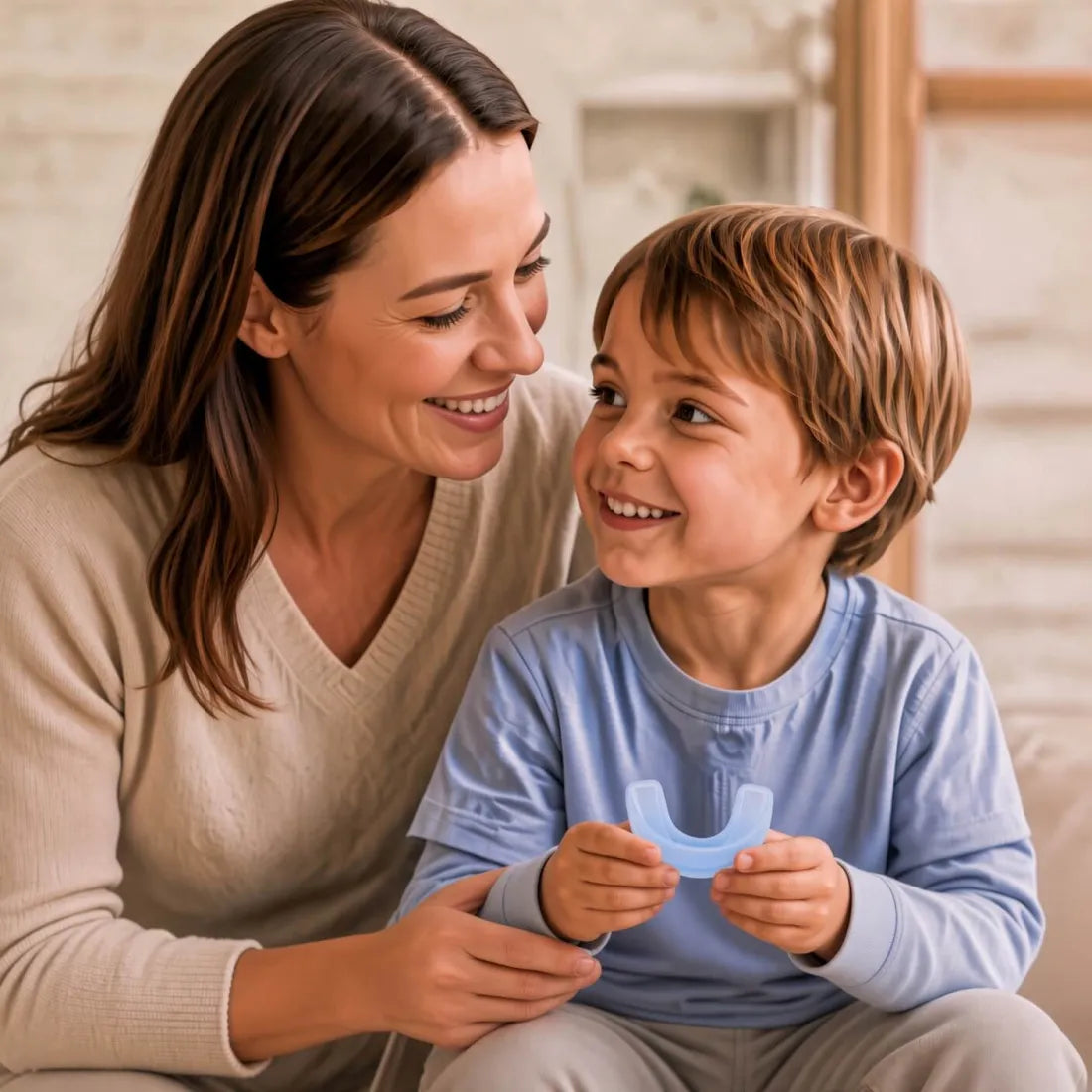 A mother and her young son sitting together, holding the Functional Activator