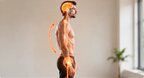 A man standing in profile with his head, spine and pelvis highlighted in one line